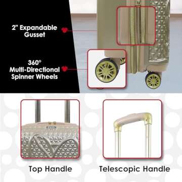 FUL Disney Minnie Mouse Carry On Luggage, Textured Hardshell Rolling Suitcase with Spinner Wheels, Gold, 21 Inch