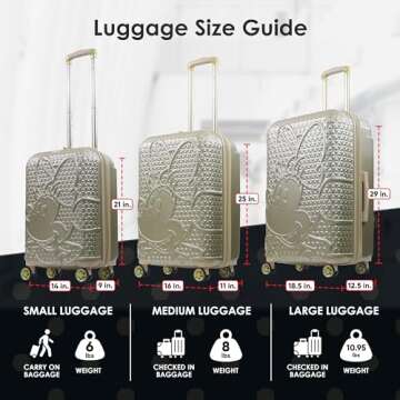 FUL Disney Minnie Mouse Carry On Luggage, Textured Hardshell Rolling Suitcase with Spinner Wheels, Gold, 21 Inch