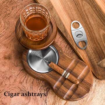 Wooden Cigar Coaster/Glass Tray with Revolving Ashtray Accessories