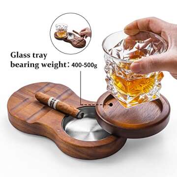 Wooden Cigar Coaster and Glass Tray with Ashtray