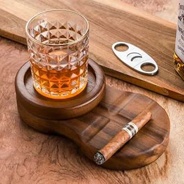 Wooden Cigar Coaster and Glass Tray with Ashtray