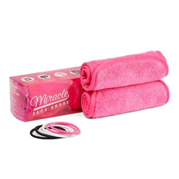 Miracle Face Erase 2 Pack Makeup Remover Face Cloths, Chemical-free, Microfiber, 6 Hair Ties (2 Count, Pink)