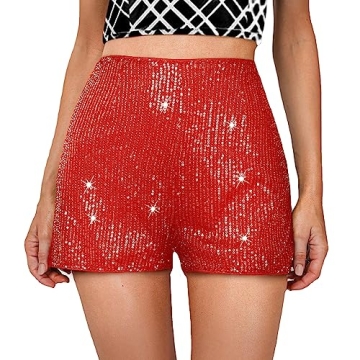 Sequin Shorts for Women High Waist Elastic Sparkly Straight Leg Short Glitter Sparkle Hot Pants Soli...