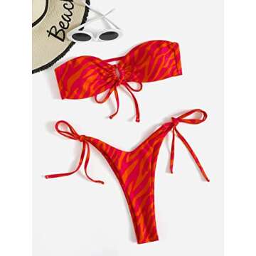 MakeMeChic Women's 2 Piece Bathing Suit Striped Bandeau Tie Side Thong Bikini Set Red S