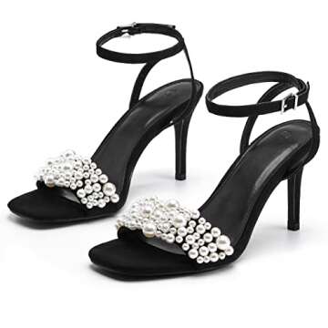 Coutgo Women's Open Toe Heeled Sandals with Pearl Strap