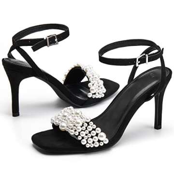 Coutgo Women's Open Toe Heeled Pearl Strap Sandals