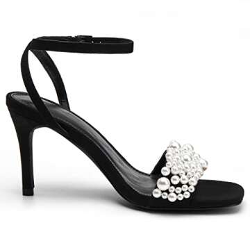 Coutgo Women's Open Toe Heeled Pearl Strap Sandals