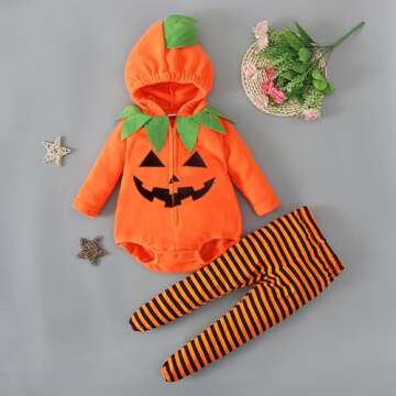 Noubeau Baby Pumpkin Costume Toddler Girl Boy Halloween Costumes Pumpkin Hooded Romper Stripes Foote...