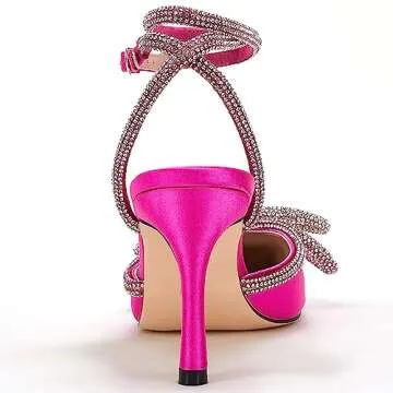 VETASTE Women's Double Bow Pointed Toe Ankle Strap Crystal Pumps Wedding Bridal Party Stilettos Backless Satin Heeled Sandals,Rose Red, Size 8.5