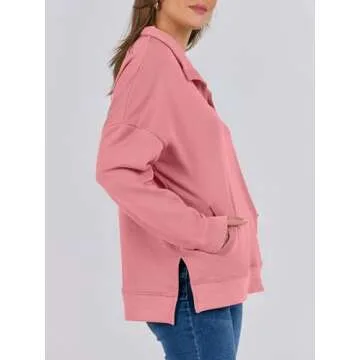 ANRABESS Women Long Sleeve Polo V Neck Split Casual Loose Fit 2025 Fall Tunic Pullover Sweatshirts with Pockets Pink Large