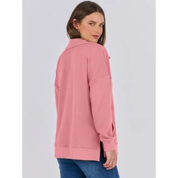 ANRABESS Women Long Sleeve Polo V Neck Split Casual Loose Fit 2025 Fall Tunic Pullover Sweatshirts with Pockets Pink Large