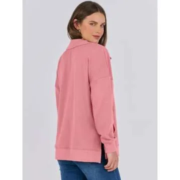 ANRABESS Women Long Sleeve Polo V Neck Split Casual Loose Fit 2025 Fall Tunic Pullover Sweatshirts with Pockets Pink Large