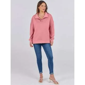 ANRABESS Women Long Sleeve Polo V Neck Split Casual Loose Fit 2025 Fall Tunic Pullover Sweatshirts with Pockets Pink Large