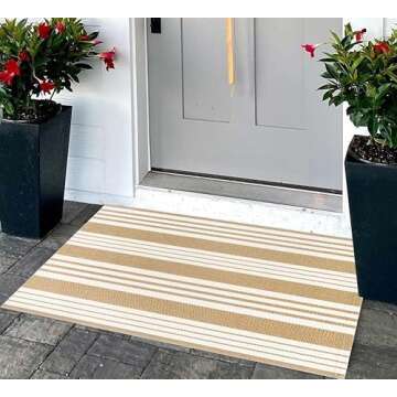 Khaki and White Striped Outdoor Rug 24'' x 35'' Door Mat Outdoor Machine Washable Welcome Mats Cotton Hand-Woven Entryway Rug for Front Porch/Entryway/Laundry/Bathroom/Bedroom
