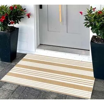 Khaki and White Striped Outdoor Rug 24'' x 35'' Door Mat Outdoor Machine Washable Welcome Mats Cotton Hand-Woven Entryway Rug for Front Porch/Entryway/Laundry/Bathroom/Bedroom
