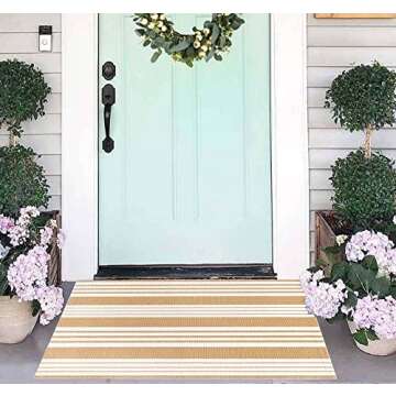 Khaki and White Striped Outdoor Rug 24'' x 35'' Door Mat Outdoor Machine Washable Welcome Mats Cotton Hand-Woven Entryway Rug for Front Porch/Entryway/Laundry/Bathroom/Bedroom