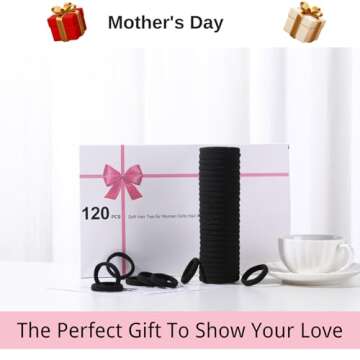 LuSeren 120 Pcs No Damage Hair Ties for Thick Hair, Large Soft Seamless Nylon Hair Elastics for Women, Ponytail Holders, Hair Accessories –Black