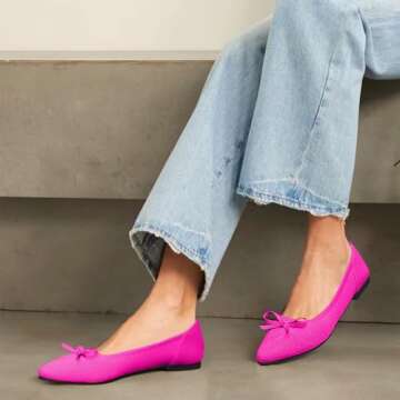 TINGRISE Women's Flats Pointed Toe Bow Knit Ballet Shoes Comfortable Dressy Mesh Slip On Flat Pink US8