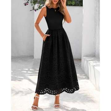 dowerme Women Summer Dresses 2025 Casual Sleeveless Crewneck A-Line Boho Lace Eyelet Cotton Tank Midi Dress with Pockets(Black,Small)