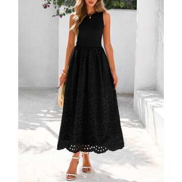 dowerme Women Summer Dresses 2025 Casual Sleeveless Crewneck A-Line Boho Lace Eyelet Cotton Tank Midi Dress with Pockets(Black,Small)