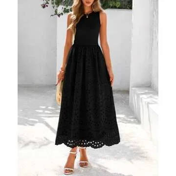 dowerme Women Summer Dresses 2025 Casual Sleeveless Crewneck A-Line Boho Lace Eyelet Cotton Tank Midi Dress with Pockets(Black,Small)