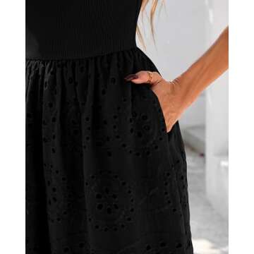 dowerme Women Summer Dresses 2025 Casual Sleeveless Crewneck A-Line Boho Lace Eyelet Cotton Tank Midi Dress with Pockets(Black,Small)