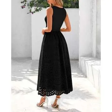 dowerme Women Summer Dresses 2025 Casual Sleeveless Crewneck A-Line Boho Lace Eyelet Cotton Tank Midi Dress with Pockets(Black,Small)
