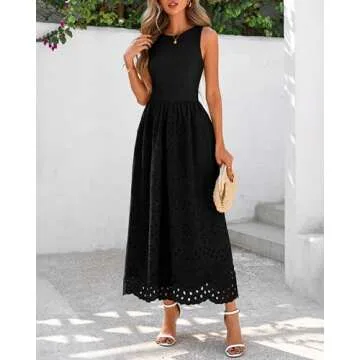 dowerme Women Summer Dresses 2025 Casual Sleeveless Crewneck A-Line Boho Lace Eyelet Cotton Tank Midi Dress with Pockets(Black,Small)