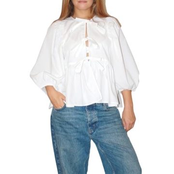 Women Y2K Peplum Tops Puff Short Sleeve Tie Up Blouse Shirt Summer Going Out Cute Babydoll Top(B-Cas...