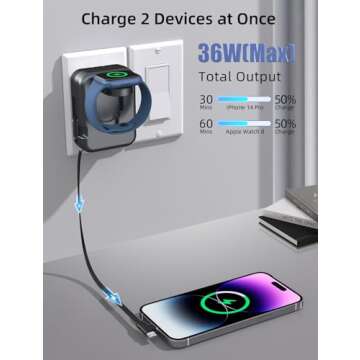 2in1 Apple Watch Charger, 36W Retractable Charger for iPhone Apple Watch,Travel Charging Block Wall Charger Compatible with iPhone 15/14/13/12/11 Apple Watch (Black)