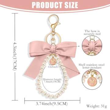 XGALBLA Pink Initial Letter Cute Bow Keychain for Women, Wristlet Simulated Pearl Key Chains Bag Cha...