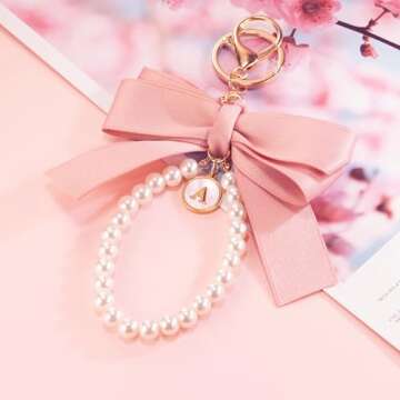 XGALBLA Pink Initial Letter Cute Bow Keychain for Women, Wristlet Simulated Pearl Key Chains Bag Charms for Car Key Handbags Backpacks Coquette Bow Keychain Accessories(Shell Letter M)