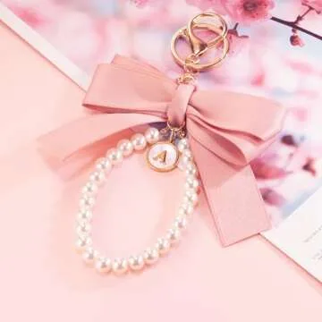 XGALBLA Pink Initial Letter Cute Bow Keychain for Women, Wristlet Simulated Pearl Key Chains Bag Charms for Car Key Handbags Backpacks Coquette Bow Keychain Accessories(Shell Letter M)