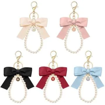 XGALBLA Pink Initial Letter Cute Bow Keychain for Women, Wristlet Simulated Pearl Key Chains Bag Charms for Car Key Handbags Backpacks Coquette Bow Keychain Accessories(Shell Letter M)
