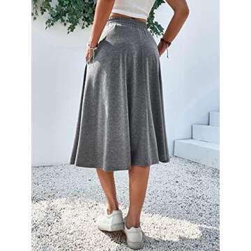 Verdusa Women's Elastic Waist Pocket Side A Line Midi Swing Flared Skirt Grey M