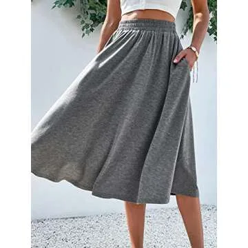 Verdusa Women's Elastic Waist Pocket Side A Line Midi Swing Flared Skirt Grey M