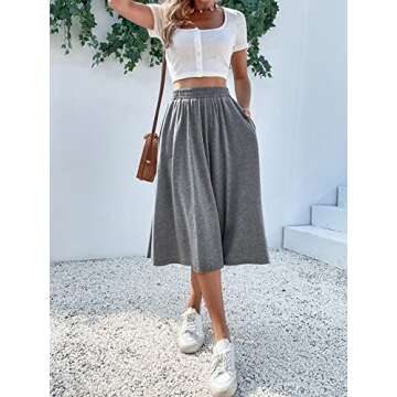 Verdusa Women's Elastic Waist Pocket Side A Line Midi Swing Flared Skirt Grey M