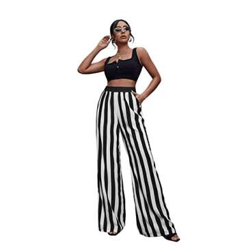 SweatyRocks Women's Striped Extra Long High Waited Wide Leg Pants Loose Casual Trousers with Pockets
