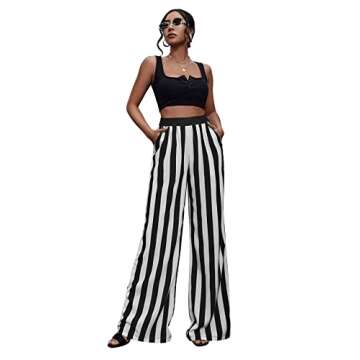 SweatyRocks Women's Striped Extra Long High Waited Wide Leg Pants Loose Casual Trousers with Pockets