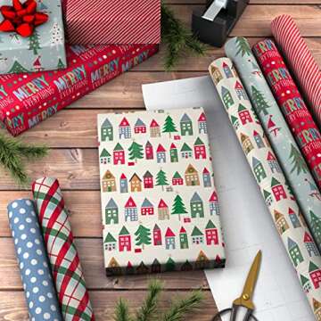 Hallmark Cute Recyclable Christmas Wrapping Paper (6 Rolls: 180 Sq. Ft. Total) Red, Blue, Green Plaid, Merry Everything, Colorful Houses, Snowmen and Trees, Dots, Stripes