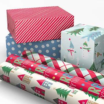 Hallmark Cute Recyclable Christmas Wrapping Paper (6 Rolls: 180 Sq. Ft. Total) Red, Blue, Green Plaid, Merry Everything, Colorful Houses, Snowmen and Trees, Dots, Stripes