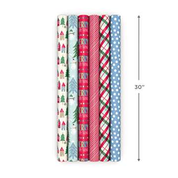 Hallmark Cute Recyclable Christmas Wrapping Paper (6 Rolls: 180 Sq. Ft. Total) Red, Blue, Green Plaid, Merry Everything, Colorful Houses, Snowmen and Trees, Dots, Stripes