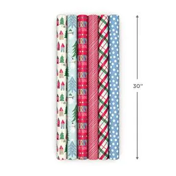 Hallmark Cute Recyclable Christmas Wrapping Paper (6 Rolls: 180 Sq. Ft. Total) Red, Blue, Green Plaid, Merry Everything, Colorful Houses, Snowmen and Trees, Dots, Stripes