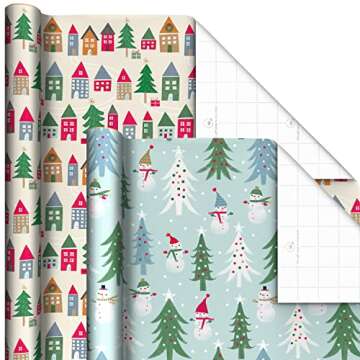 Hallmark Cute Recyclable Christmas Wrapping Paper (6 Rolls: 180 Sq. Ft. Total) Red, Blue, Green Plaid, Merry Everything, Colorful Houses, Snowmen and Trees, Dots, Stripes