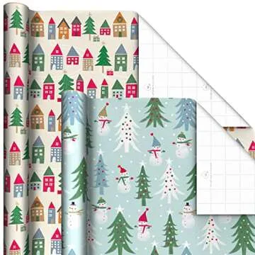 Hallmark Cute Recyclable Christmas Wrapping Paper (6 Rolls: 180 Sq. Ft. Total) Red, Blue, Green Plaid, Merry Everything, Colorful Houses, Snowmen and Trees, Dots, Stripes