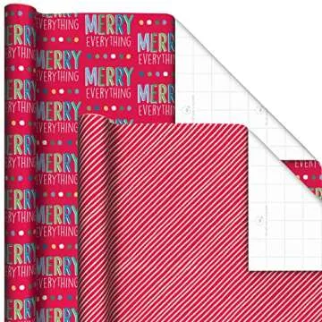 Hallmark Cute Recyclable Christmas Wrapping Paper (6 Rolls: 180 Sq. Ft. Total) Red, Blue, Green Plaid, Merry Everything, Colorful Houses, Snowmen and Trees, Dots, Stripes