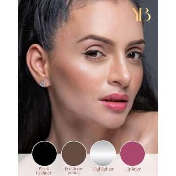 YazzBeauty 4-in-1 Touch-Up Makeup Pen (Berry) - Medium Brown Eyebrow Pencil, a Berry Lip Liner, a Bl...