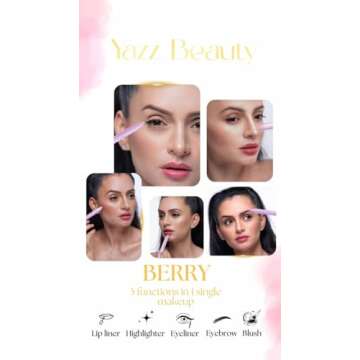YazzBeauty 4-in-1 Touch-Up Makeup Pen (Berry) - Medium Brown Eyebrow Pencil, a Berry Lip Liner, a Black Eyeliner, and a White Shimmer Highlighter – Ideal for Travel