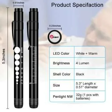Opoway Nurse Pen Light with Gauge - 2 Pack Black