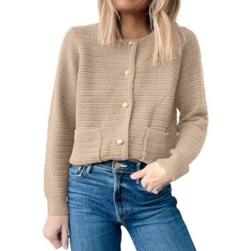 ANRABESS Women's Tweed Knit Cardigan Sweater Casual Long Sleeve Cropped Button Down Lady Jackets 202...